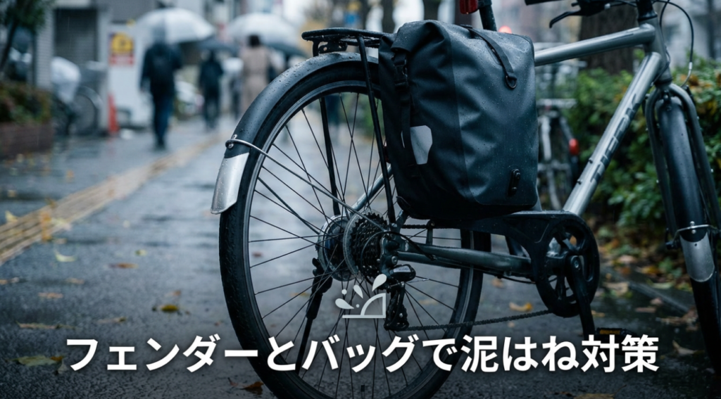 フェンダーとバッグで泥はね対策