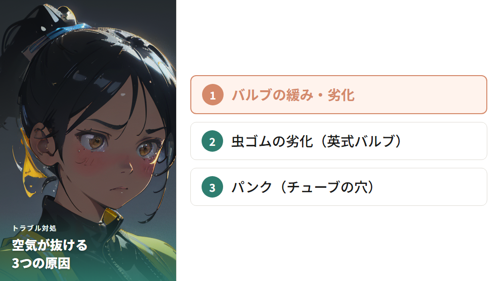 パンクしていないのに空気が抜けるときに疑うべき3つの原因