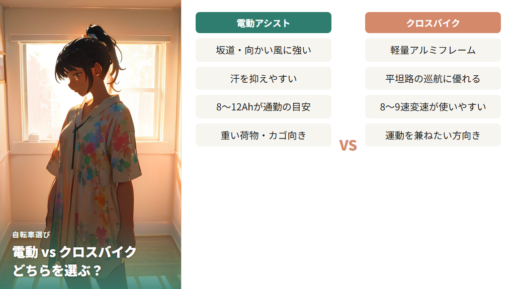 電動アシスト自転車とクロスバイクをシーン別に選び分ける方法