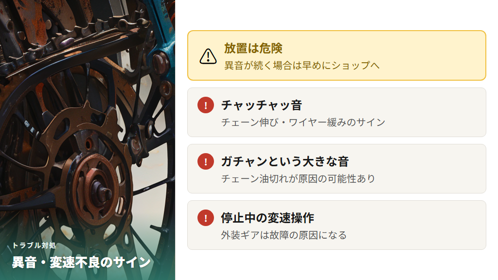 走行中の異音や変速不良はチェーンとディレイラーの状態を確認する