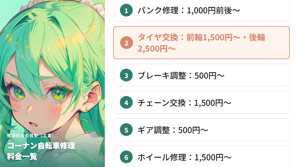ブレーキ・チェーン・その他修理の料金表