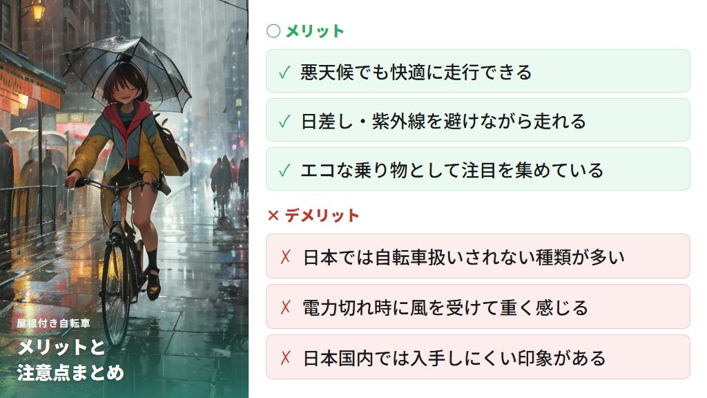 雨よけ・日よけ以外にもある！屋根付き自転車のメリットと注意点