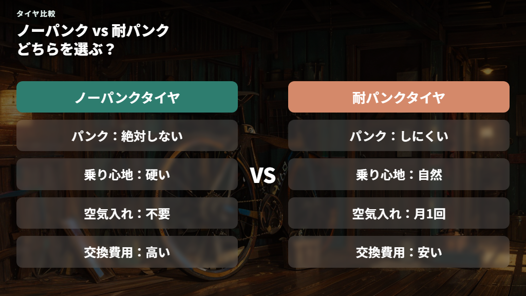 ノーパンクタイヤと耐パンクタイヤの違いを比較