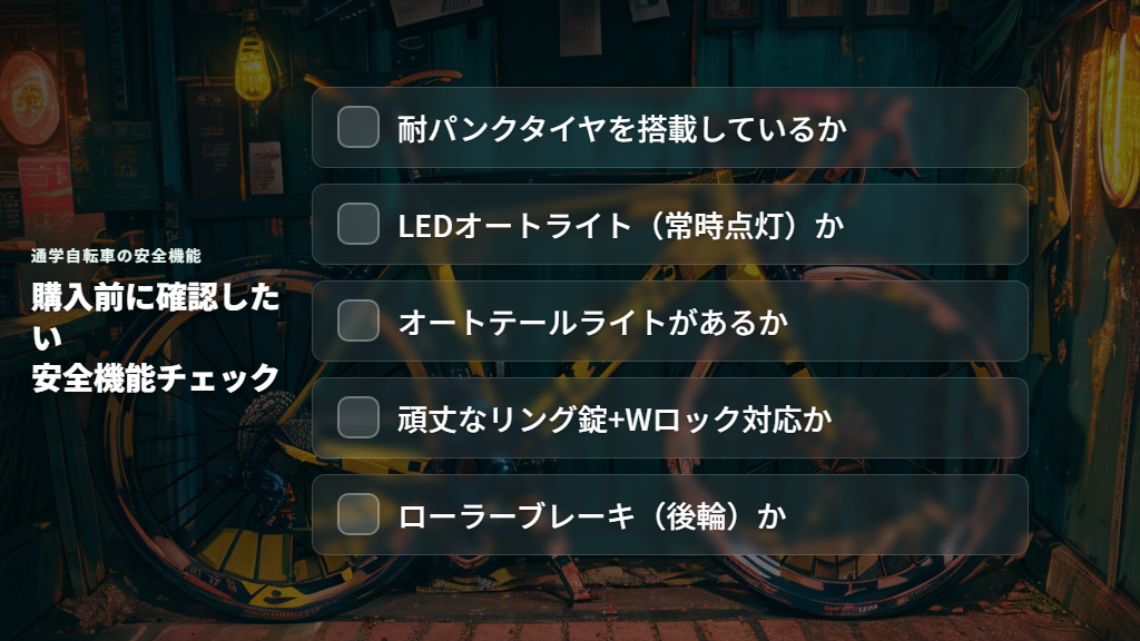 通学に欠かせない安全機能(ライト・カギ・耐パンクタイヤ)