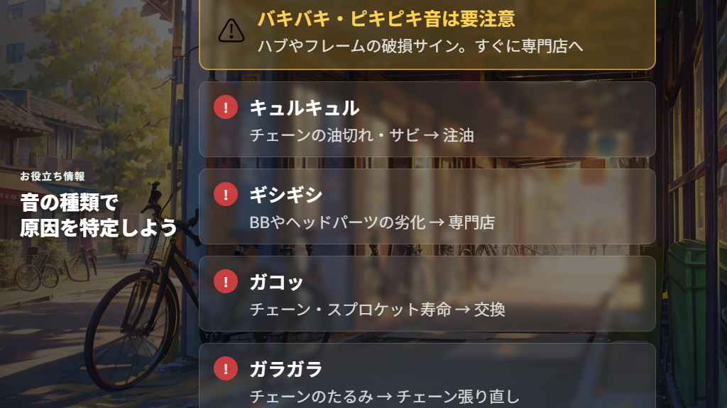 自転車を漕ぐと音がする主な原因と音の種類