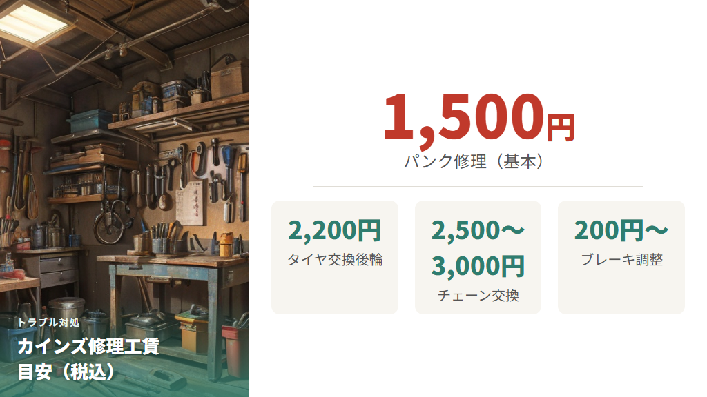 カインズの修理料金一覧（パンク・タイヤ交換・チェーン・ブレーキほか）