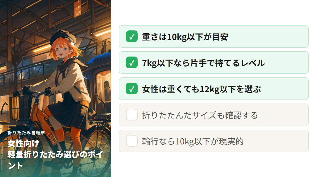 女性でも持ち運べる軽い折りたたみ自転車｜10kg以下が選ぶ基準