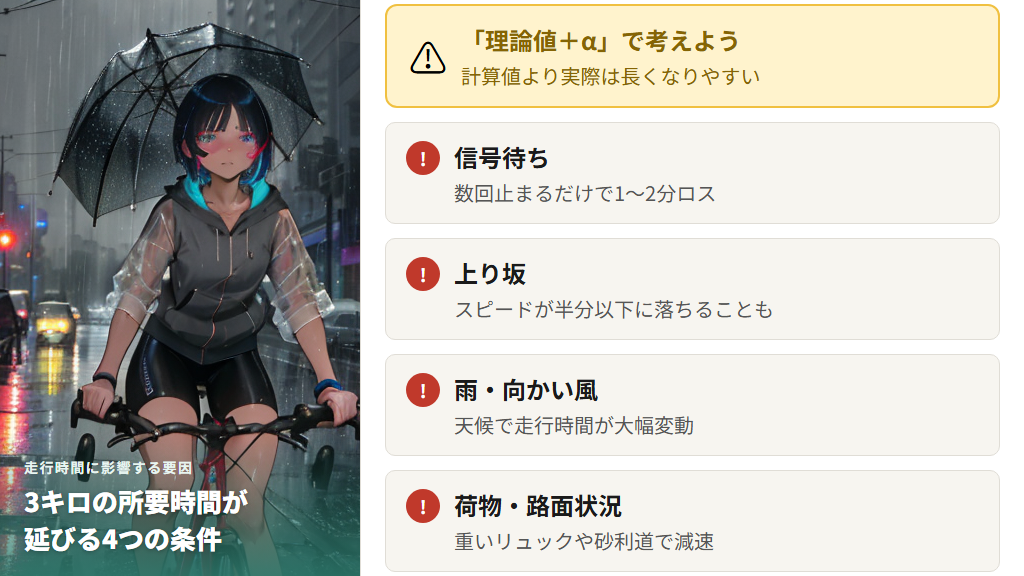 信号・坂道・天候が3キロの走行時間に与える影響