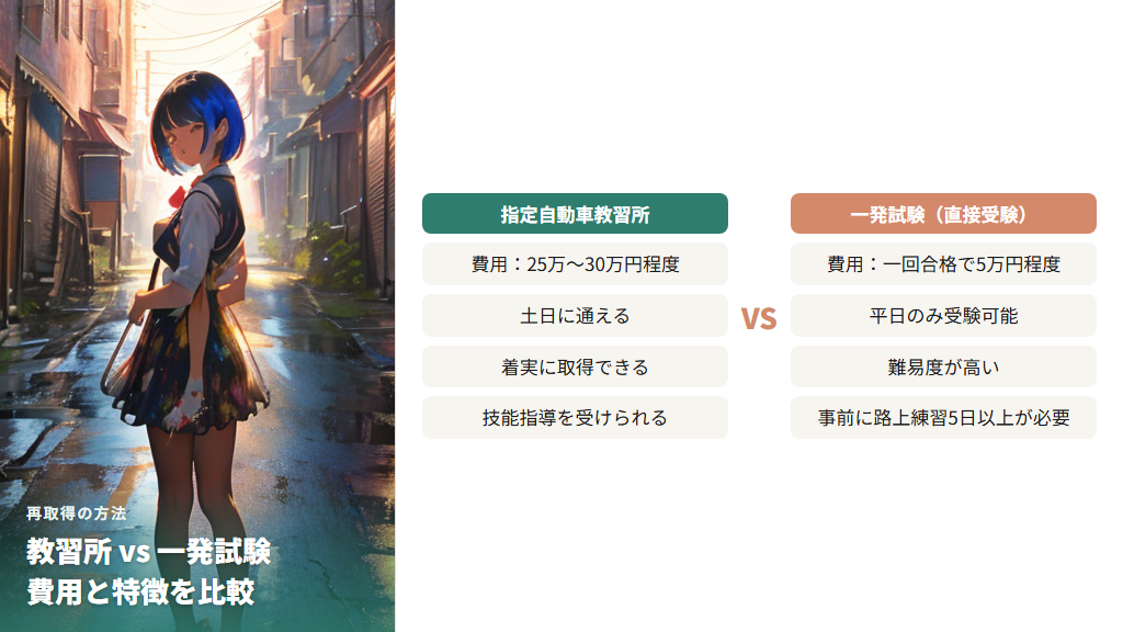 教習所と一発試験、再取得の費用と期間を比較