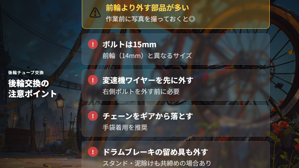 後輪チューブ交換で注意が必要な作業