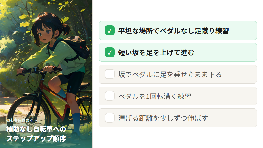 補助輪ありから補助なし自転車へのステップアップ方法