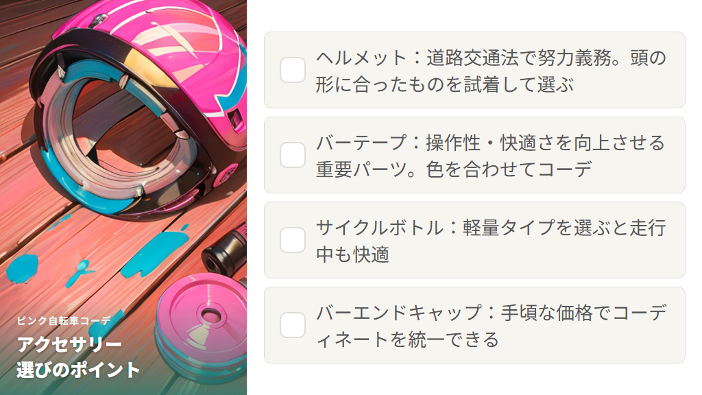 ピンクの自転車に合わせたいアクセサリー（ヘルメット・バーテープ）