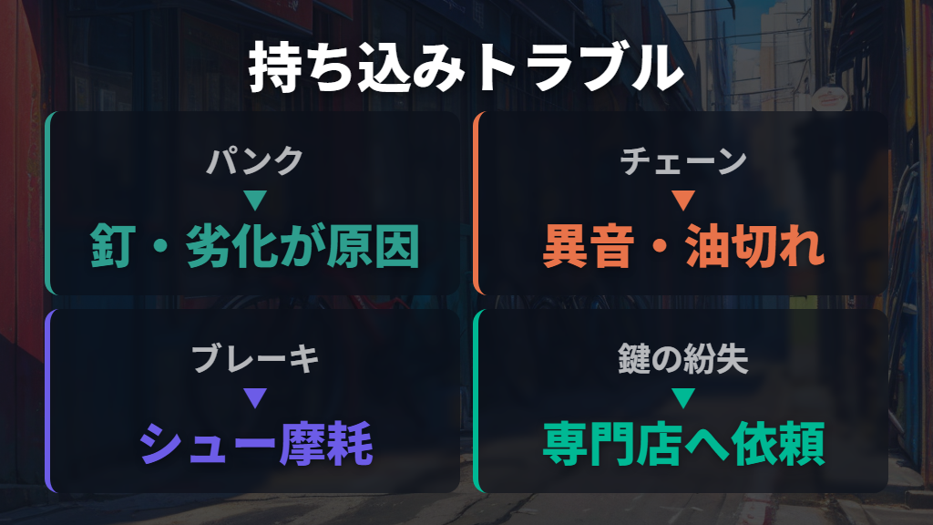 パンクやブレーキ不調など自転車屋に持ち込む主なトラブルの種類