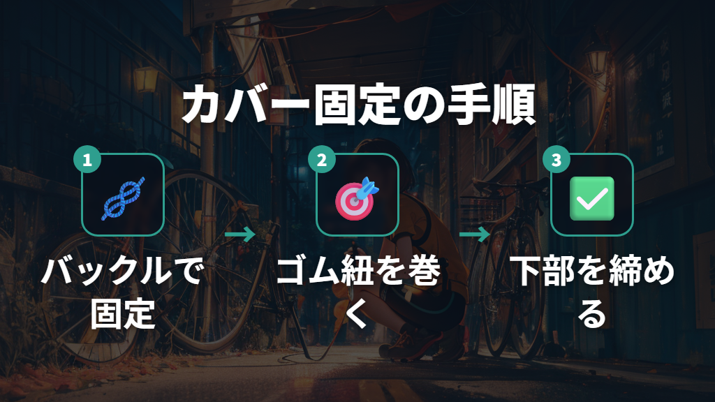 バタつき防止ベルトとゴム紐でカバーを固定する方法