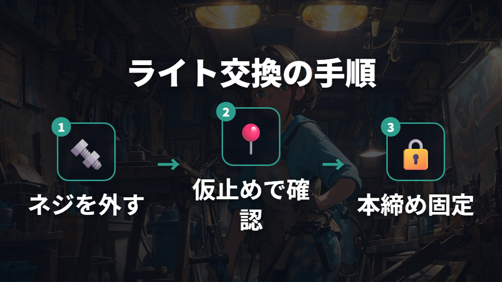 Step 2: ライト本体の取り外しと新しいライトの取り付け手順