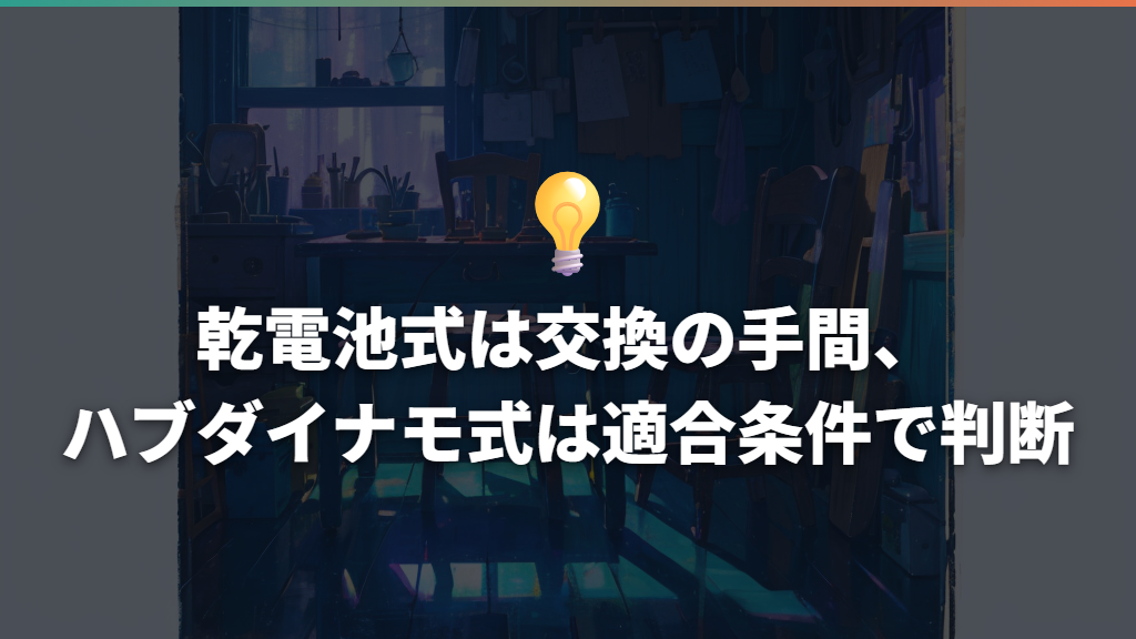 乾電池式は交換の手間、ハブダイナモ式は適合条件で判断