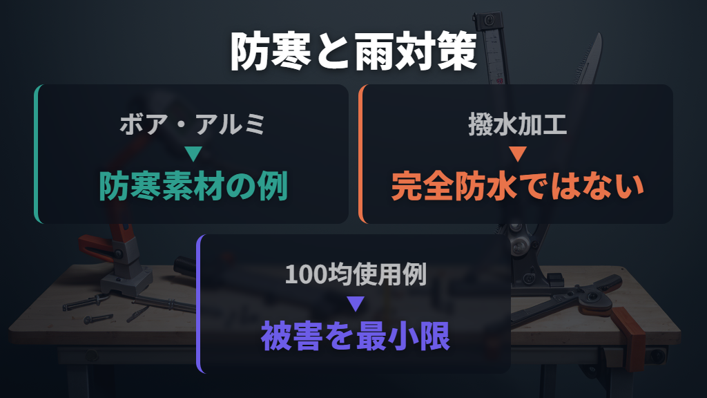 防寒性と雨対策は素材・加工ごとに判断する