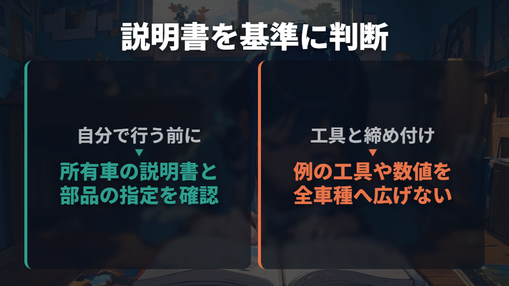 自分で交換するかは、車体の取扱説明書を基準に決める