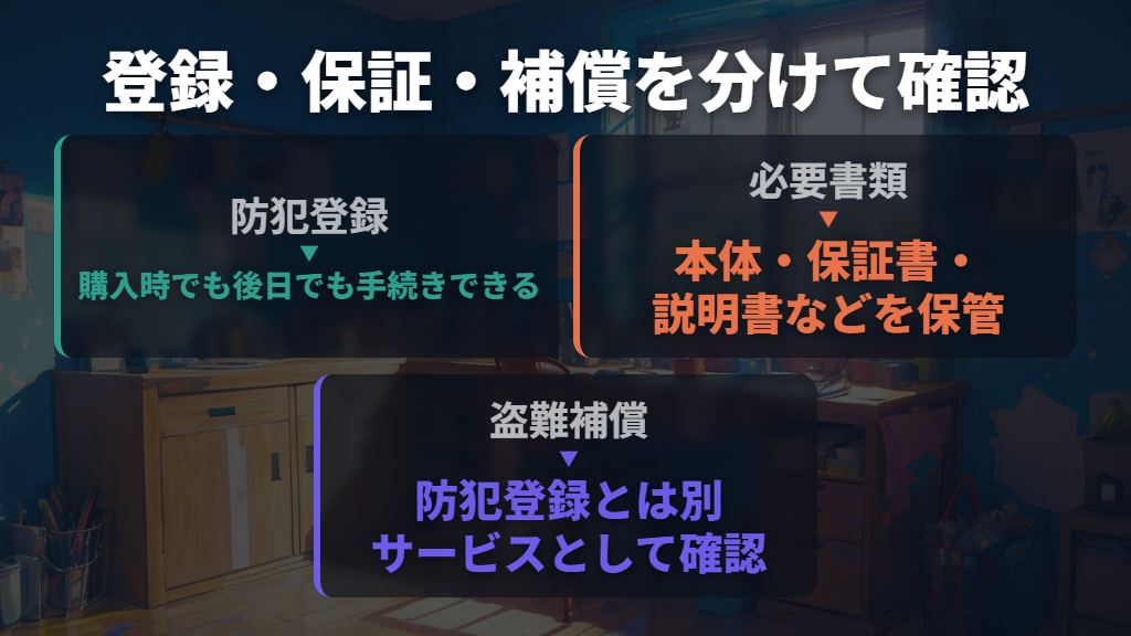 防犯登録は購入時も後日も可能。盗難補償とは別の手続き