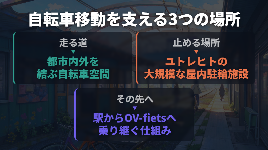 自転車道だけでなく、駐輪場や駅とのつながりも充実