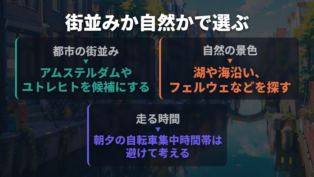 街並みを楽しむか、郊外の自然を走るかで行き先を選ぶ