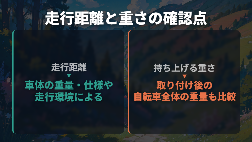バッテリー・走行距離・取り付け後の重さも比較する