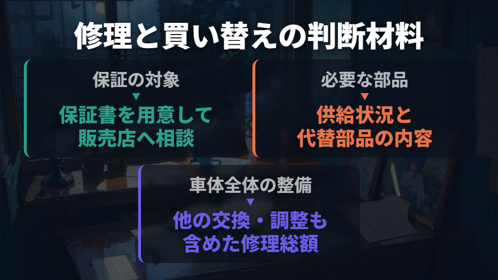 保証の対象を確認し、古い車体は修理総額と部品の供給で判断する